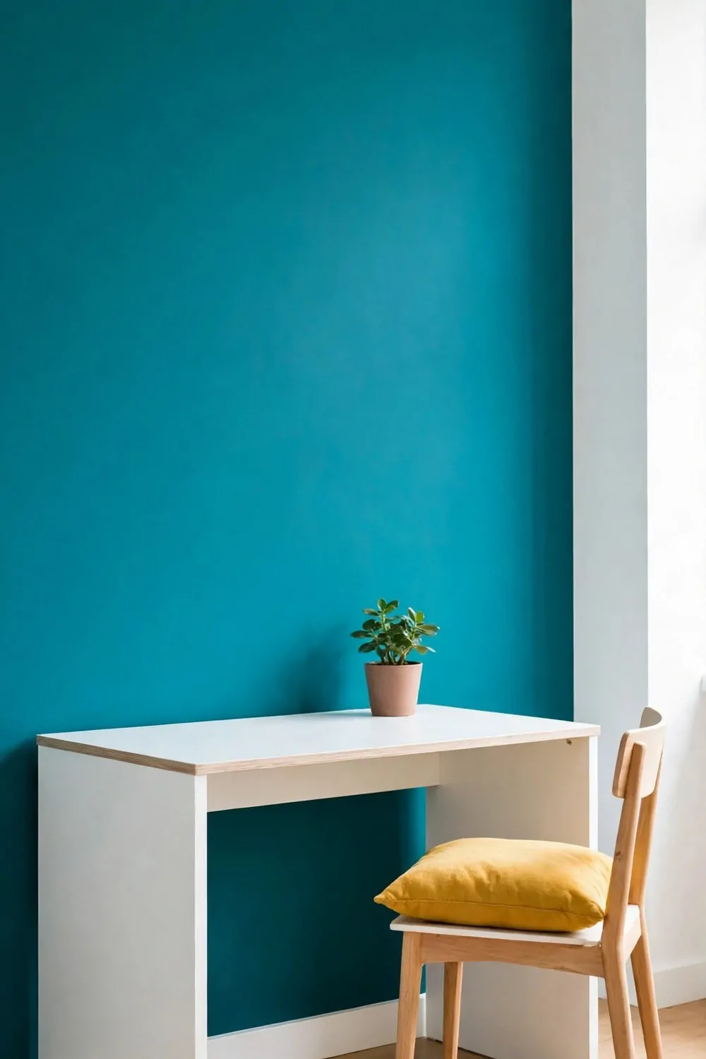 A color block background studio with a bold teal wall, a white desk and one mustard cushion