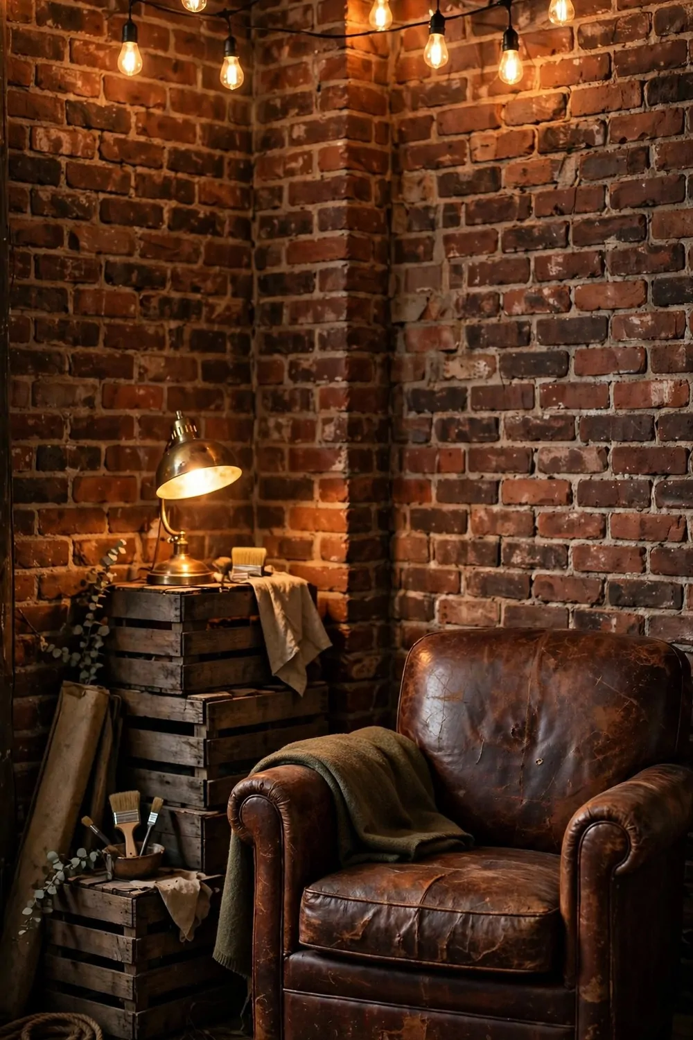 A vintage corner studio with old wooden crates, a brass lamp, a leather chair and Edison bulb lights
