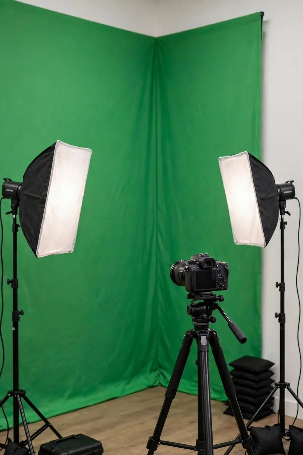 A green screen corner studio with a flat green fabric backdrop, two soft lights and a camera on a tripod