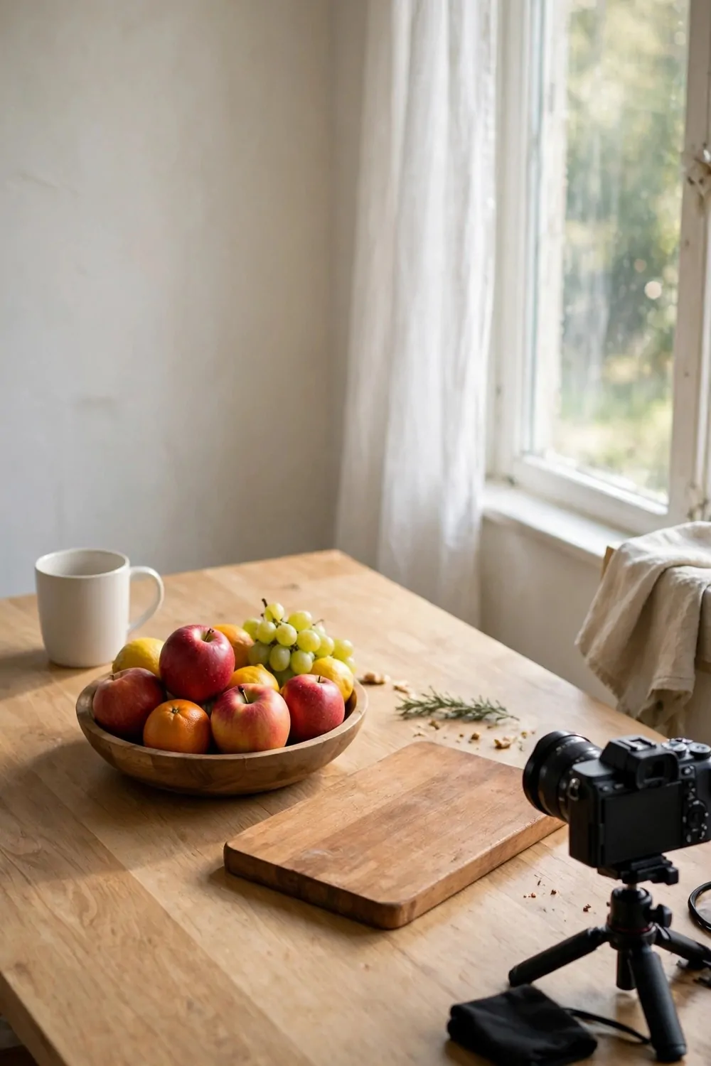 A kitchen table filming setup with a clear wooden table near a window, a mug and a fruit bowl