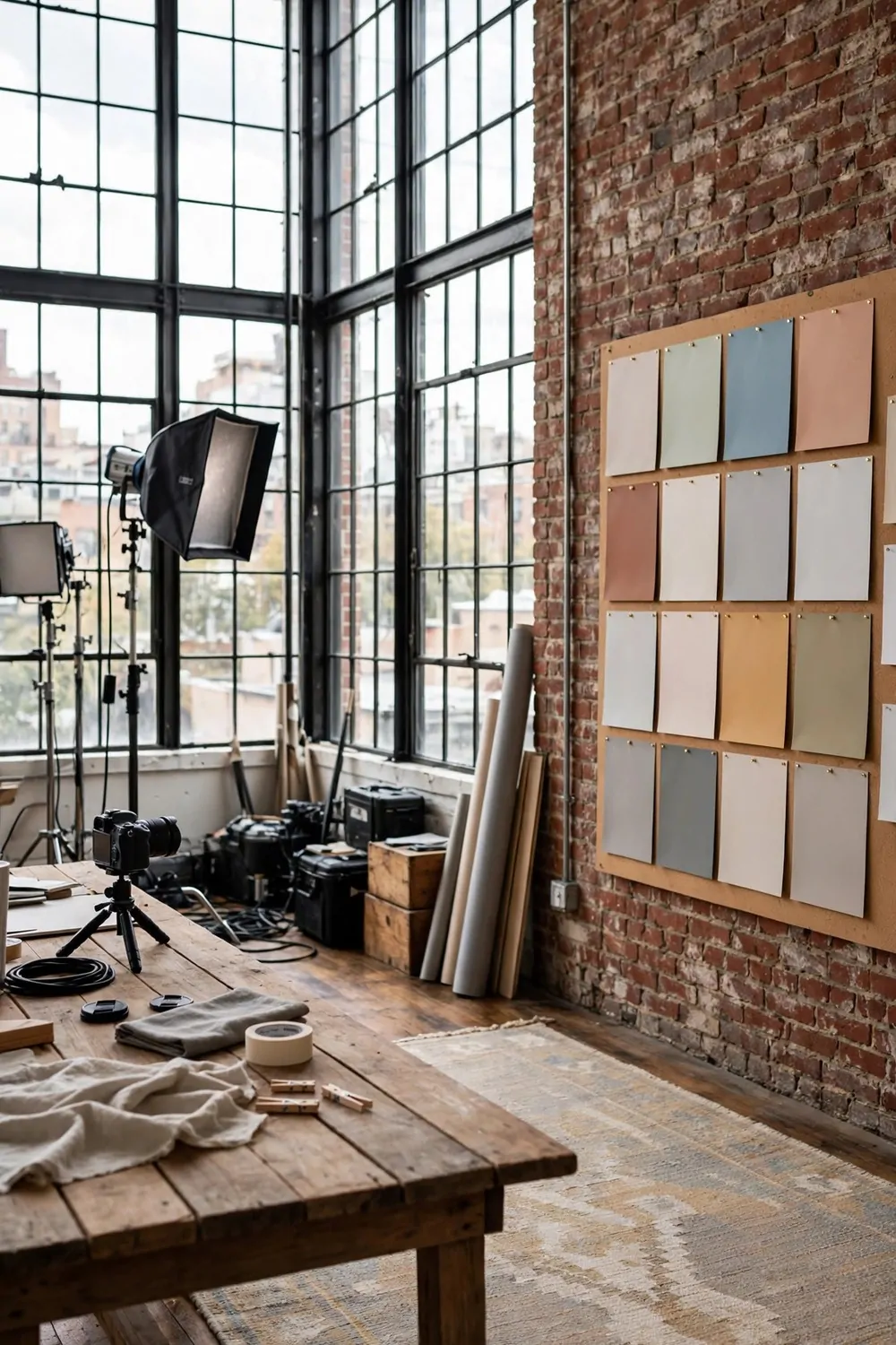 A loft-style filming studio with a long table near tall industrial windows, a brick wall and a rug