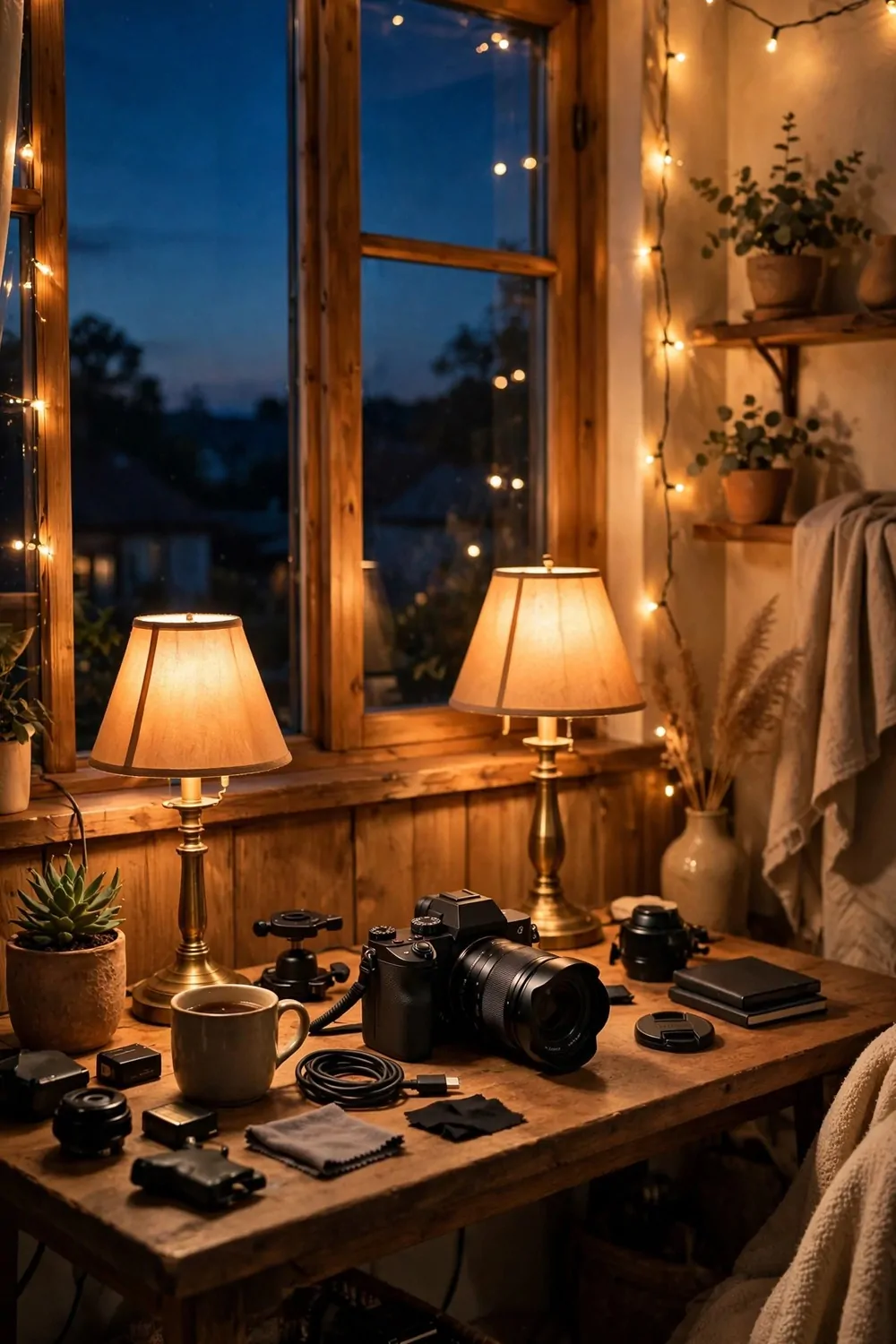 A night glow filming setup with warm lamps, string lights and a dark blue evening sky outside the window