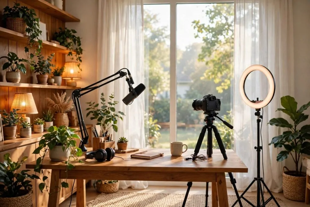 A bright content creator studio with a desk facing a large window, a camera on a tripod, a microphone on a boom arm, a ring light, plants and warm lamps