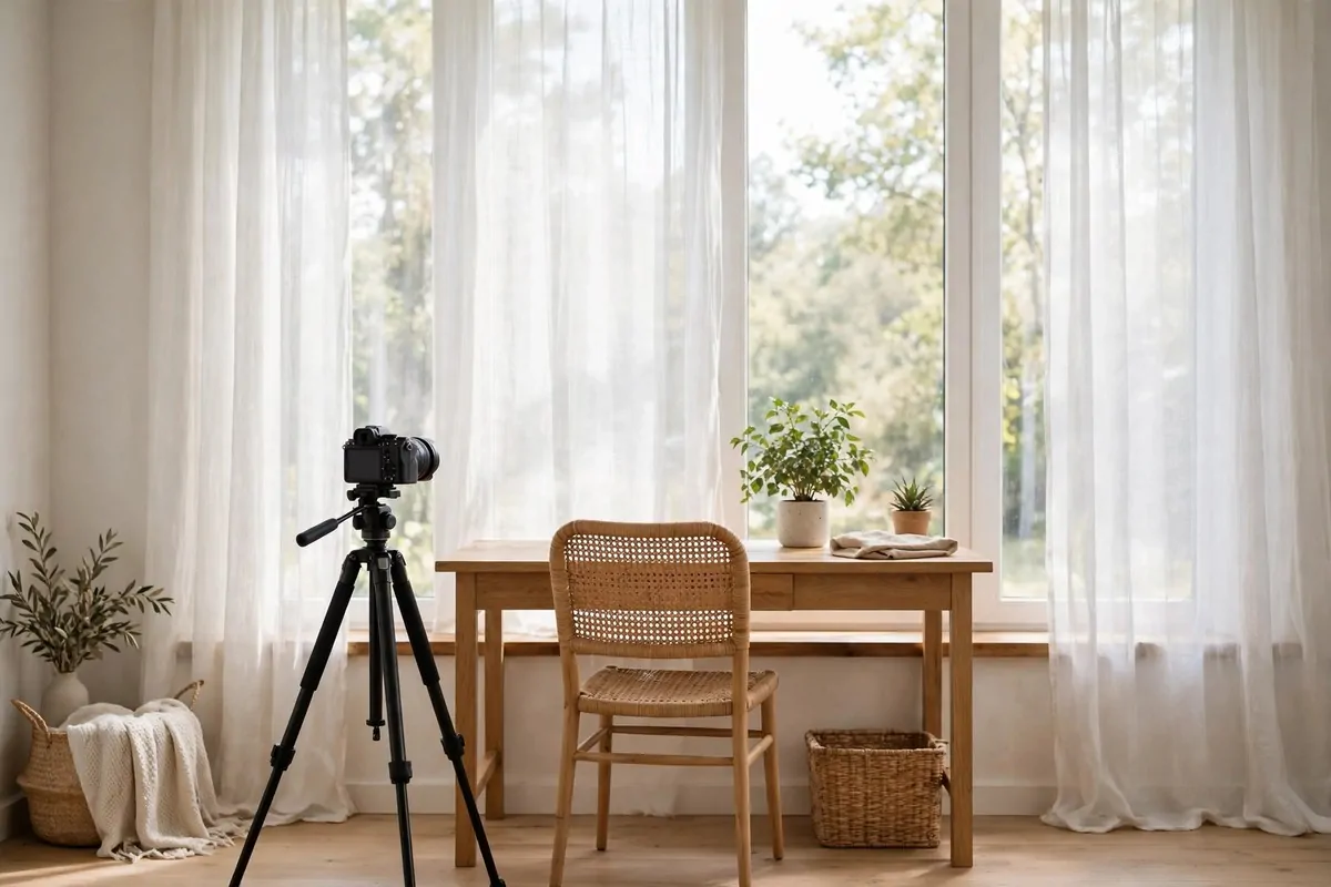 21 Content Creator Setup Hacks for Better Lighting and Sound 1 A desk and empty chair facing a tall window with sheer curtains, a camera on a tripod and a leafy plant