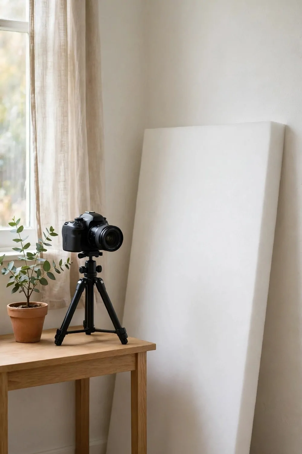 21 Content Creator Setup Hacks for Better Lighting and Sound 2 A large white foam bounce board leaning beside a small desk with a camera on a tripod near a bright window