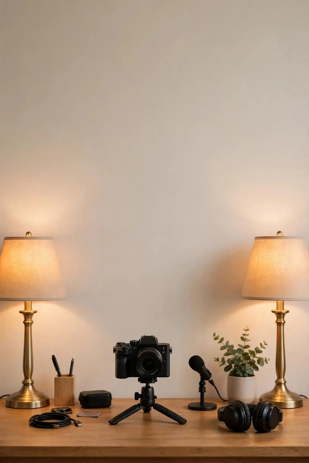 21 Content Creator Setup Hacks for Better Lighting and Sound 3 Two warm table lamps flanking a tidy desk with a camera on a tripod and a microphone on a stand
