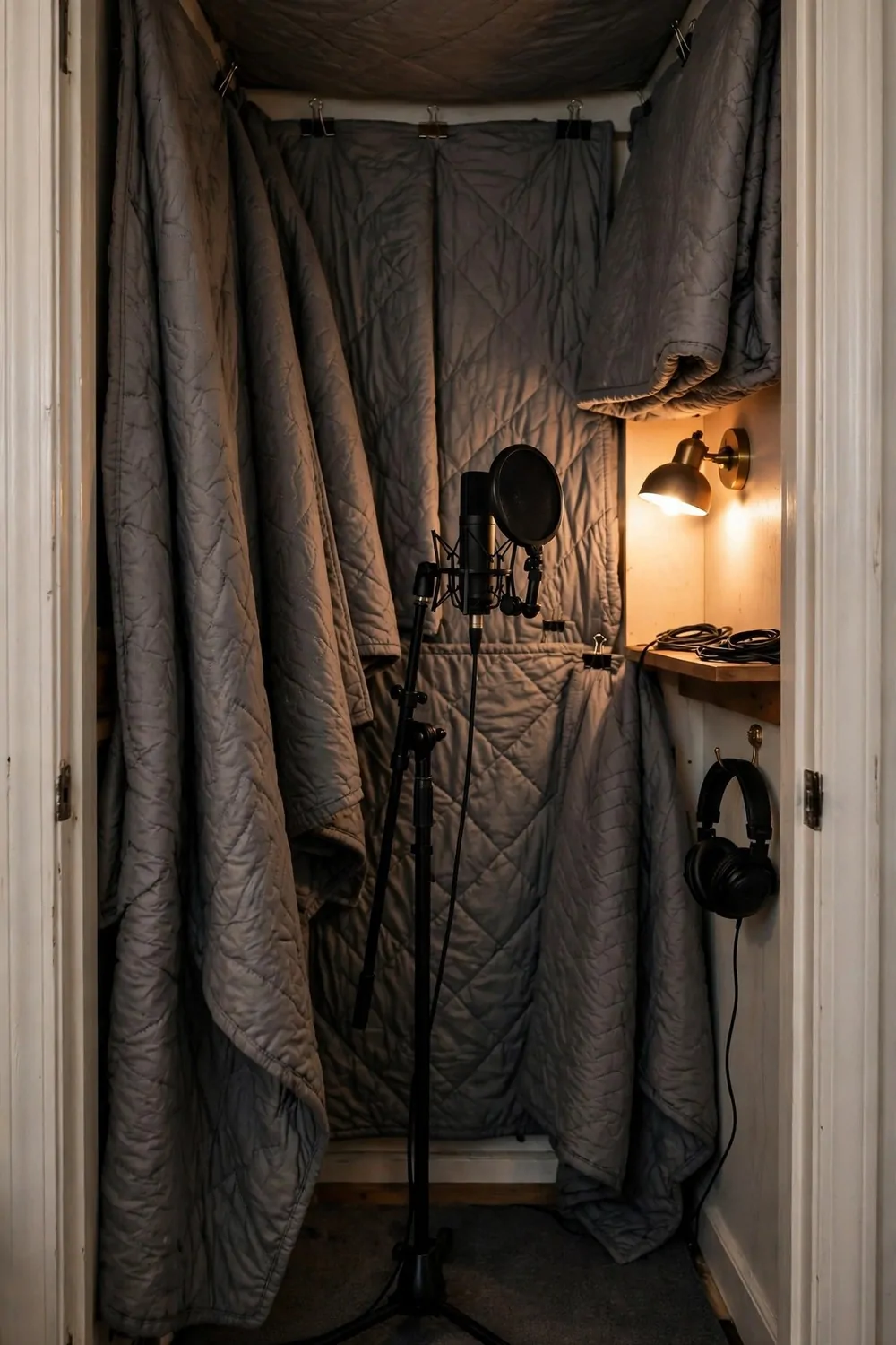 21 Content Creator Setup Hacks for Better Lighting and Sound 4 A small closet vocal booth with moving blankets on the walls, a microphone on a stand and a warm lamp