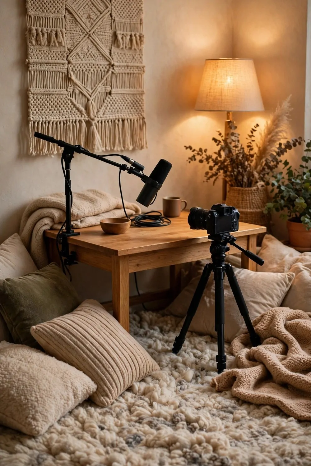 21 Content Creator Setup Hacks for Better Lighting and Sound 5 A thick wool rug under a desk with a microphone on a boom arm, a camera on a tripod and soft furnishings