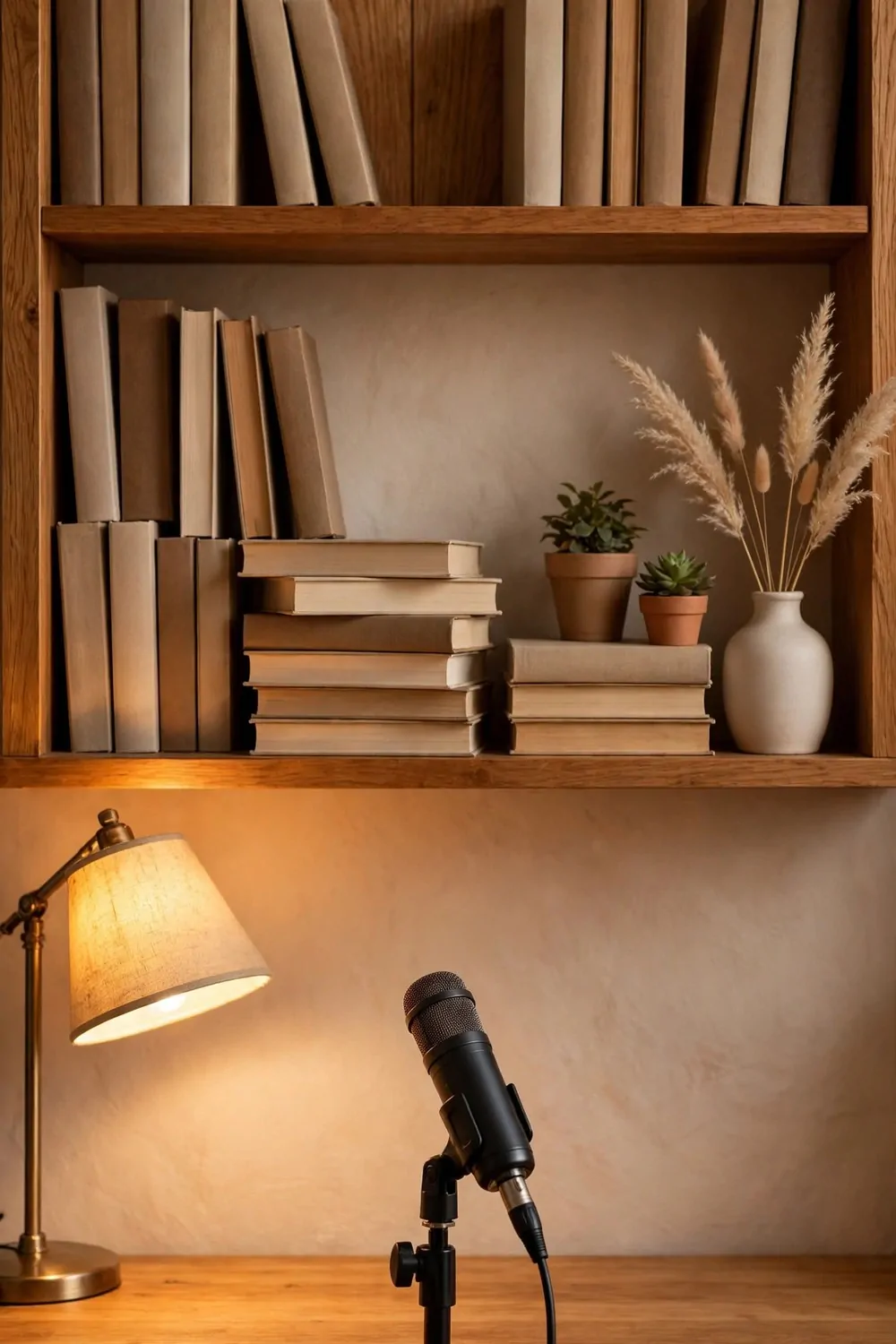 21 Content Creator Setup Hacks for Better Lighting and Sound 6 A wooden bookshelf with books at varied depths, a plant and a vase, with a desk and microphone in front