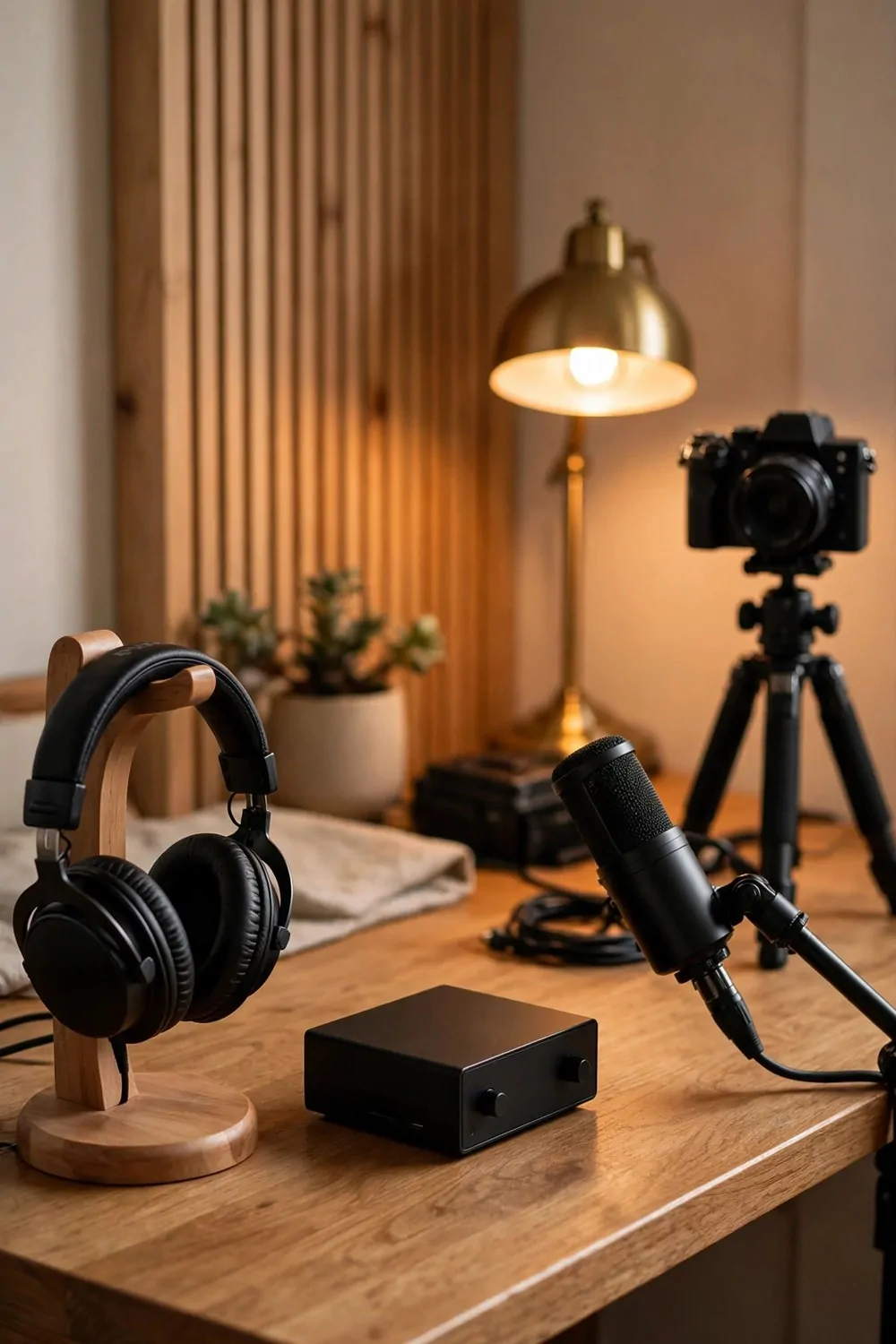 21 Content Creator Setup Hacks for Better Lighting and Sound 7 Over-ear headphones on a wooden stand on a tidy desk with a microphone and a camera on a tripod