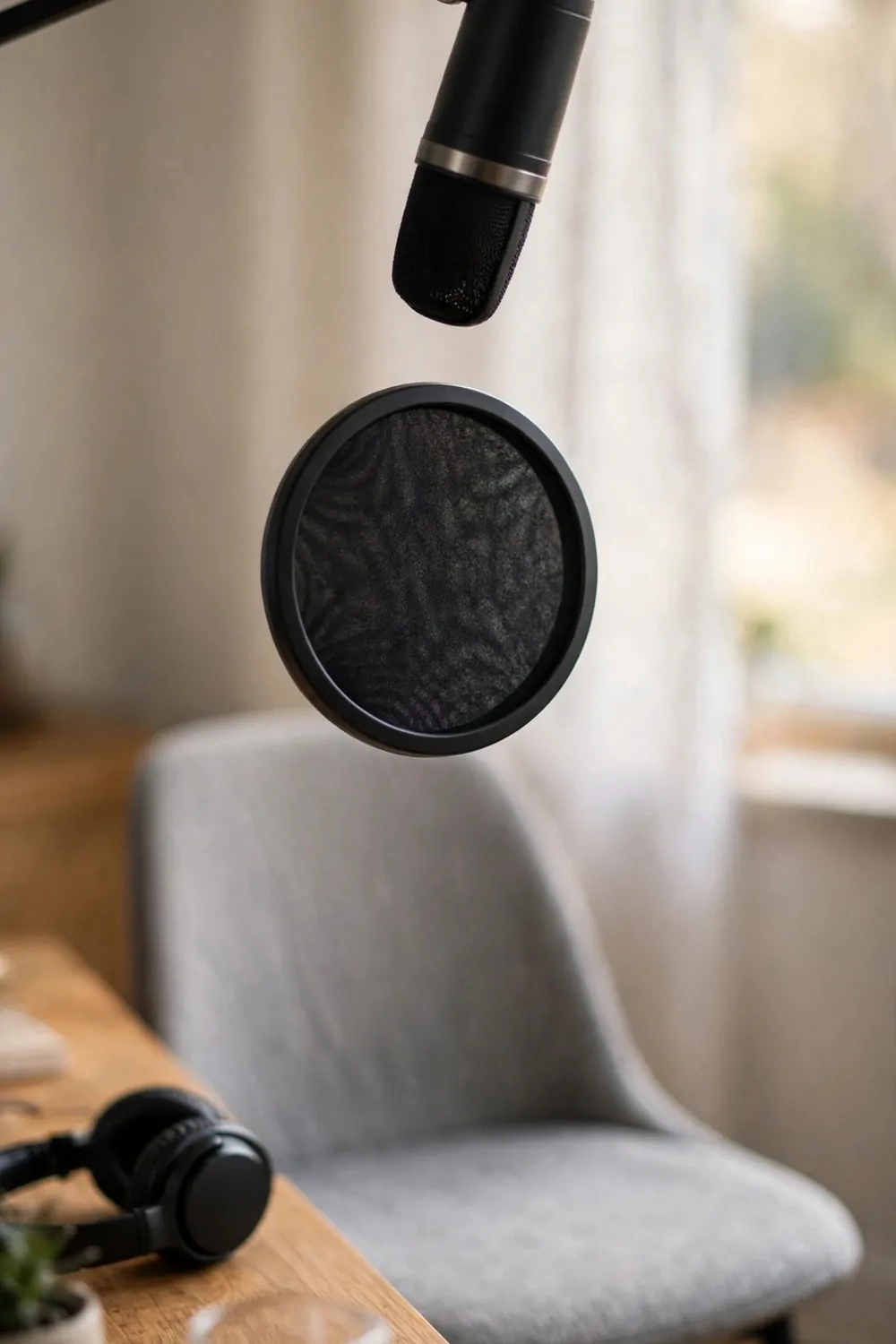 21 Content Creator Setup Hacks for Better Lighting and Sound 8 A microphone on a boom arm with a pop filter over an empty chair beside a tidy desk