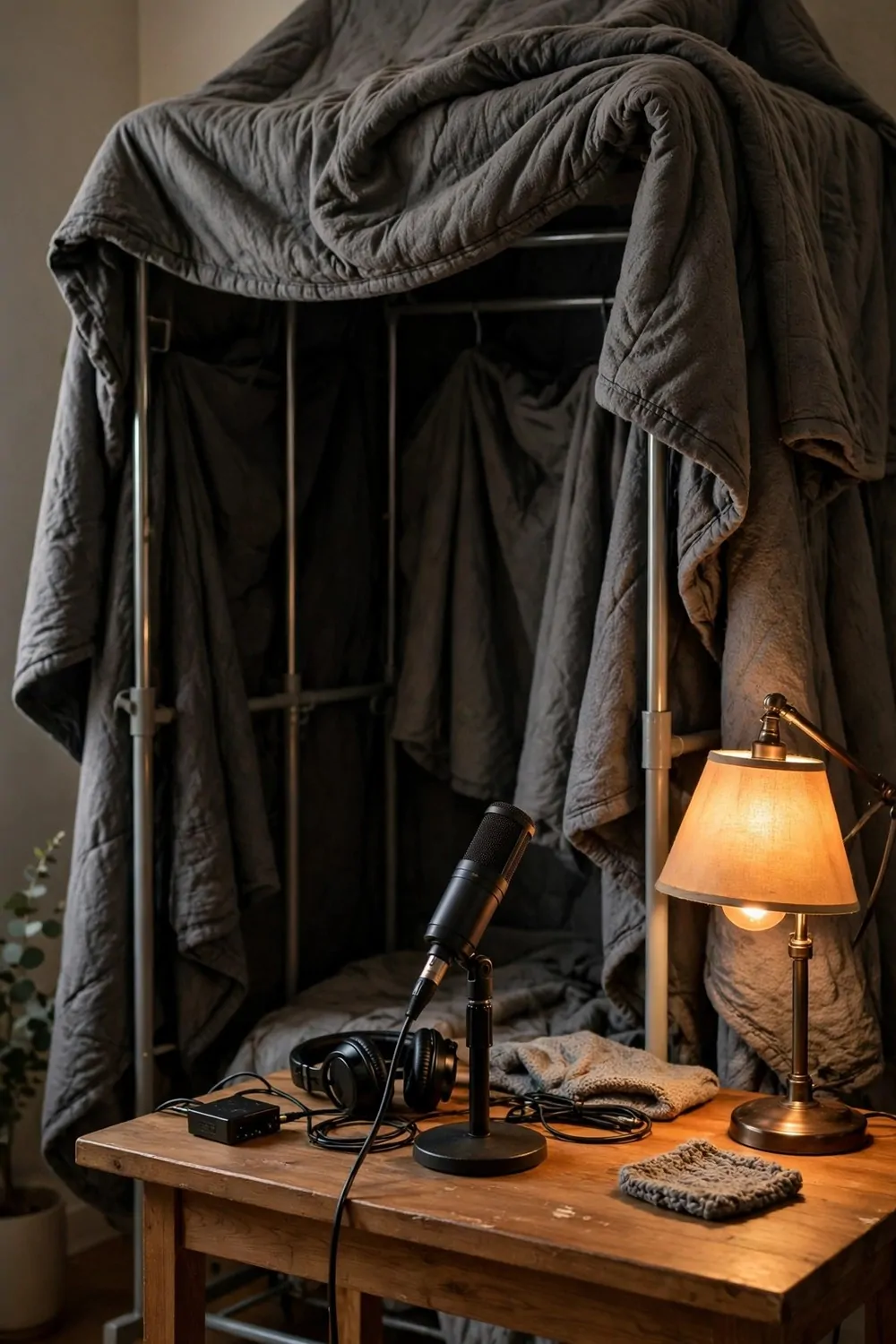21 Content Creator Setup Hacks for Better Lighting and Sound 9 Thick gray moving blankets draped over frames forming a small fort behind a desk with a microphone