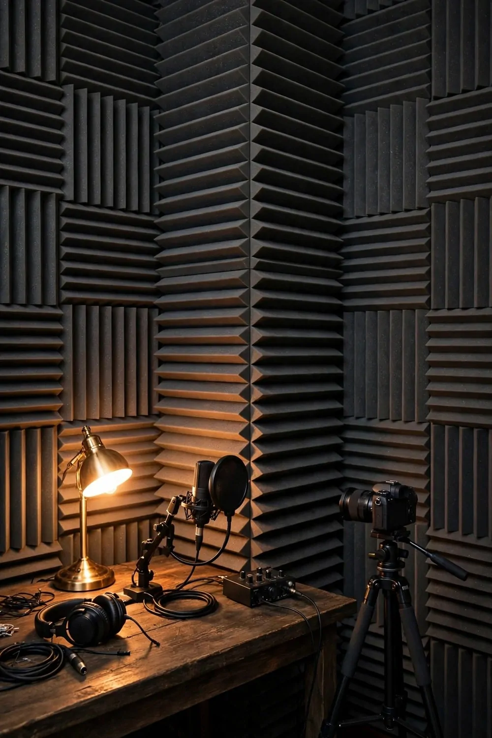 21 Content Creator Setup Hacks for Better Lighting and Sound 10 Dark gray acoustic foam bass trap panels floor to ceiling in a corner behind a desk with a microphone