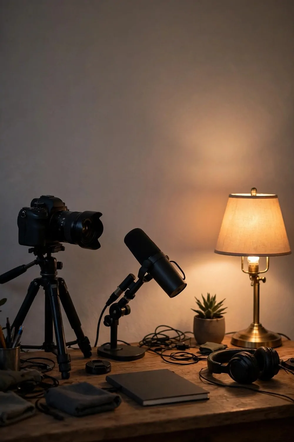 21 Content Creator Setup Hacks for Better Lighting and Sound 11 A desk with a camera and microphone in warm low lamplight in the evening