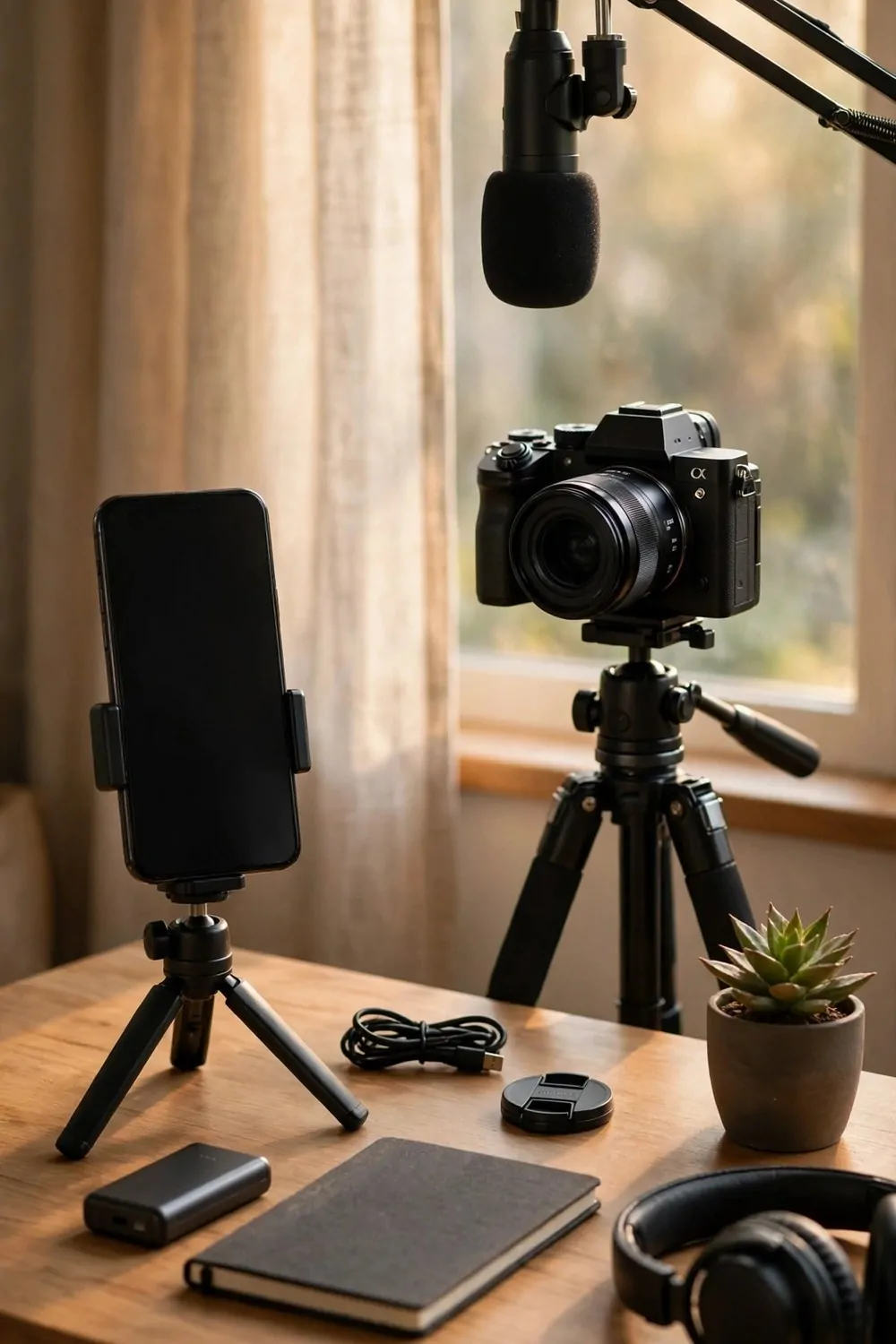 21 Content Creator Setup Hacks for Better Lighting and Sound 12 A smartphone on a small tripod beside a main camera on a tripod on a tidy desk with a microphone