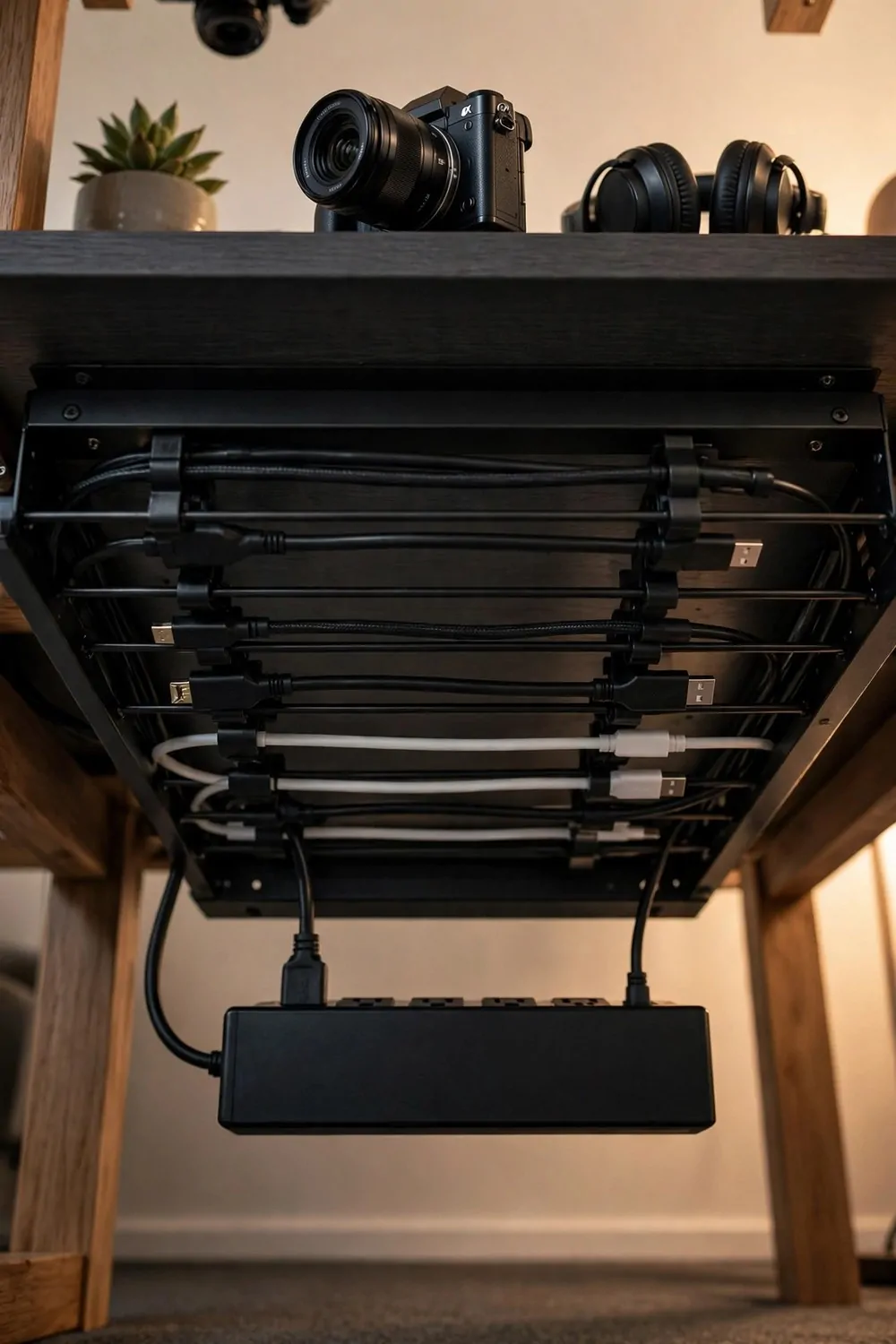 21 Content Creator Setup Hacks for Better Lighting and Sound 13 A tidy desk underside with a mounted cable tray, clipped cables and a power strip box