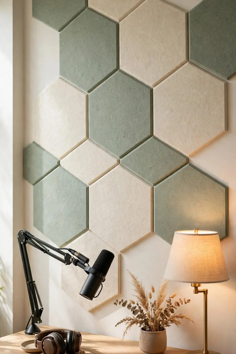 21 Content Creator Setup Hacks for Better Lighting and Sound 14 A wall of geometric felt acoustic panels in sage green and cream behind a desk with a microphone