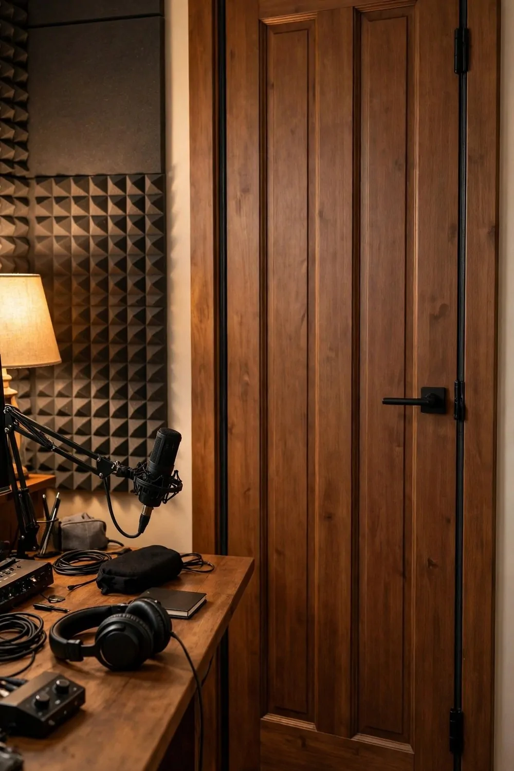 21 Content Creator Setup Hacks for Better Lighting and Sound 15 A closed wooden door with a draft stopper and sealing strips, a desk with a microphone nearby