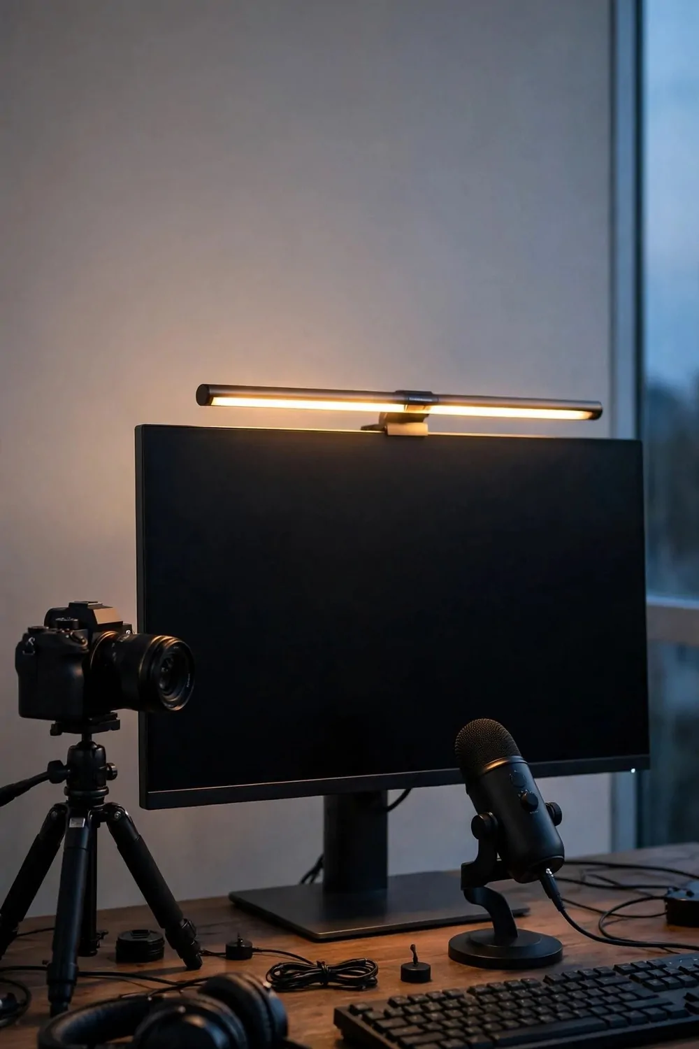 21 Content Creator Setup Hacks for Better Lighting and Sound 16 A monitor with a slim warm light bar on top above a desk with a camera and microphone