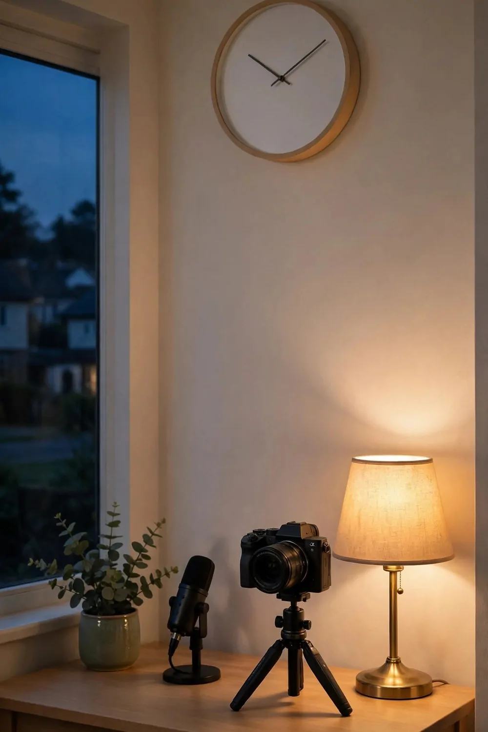 21 Content Creator Setup Hacks for Better Lighting and Sound 17 A round wall clock with a plain face above a tidy desk with a camera, microphone and warm lamp