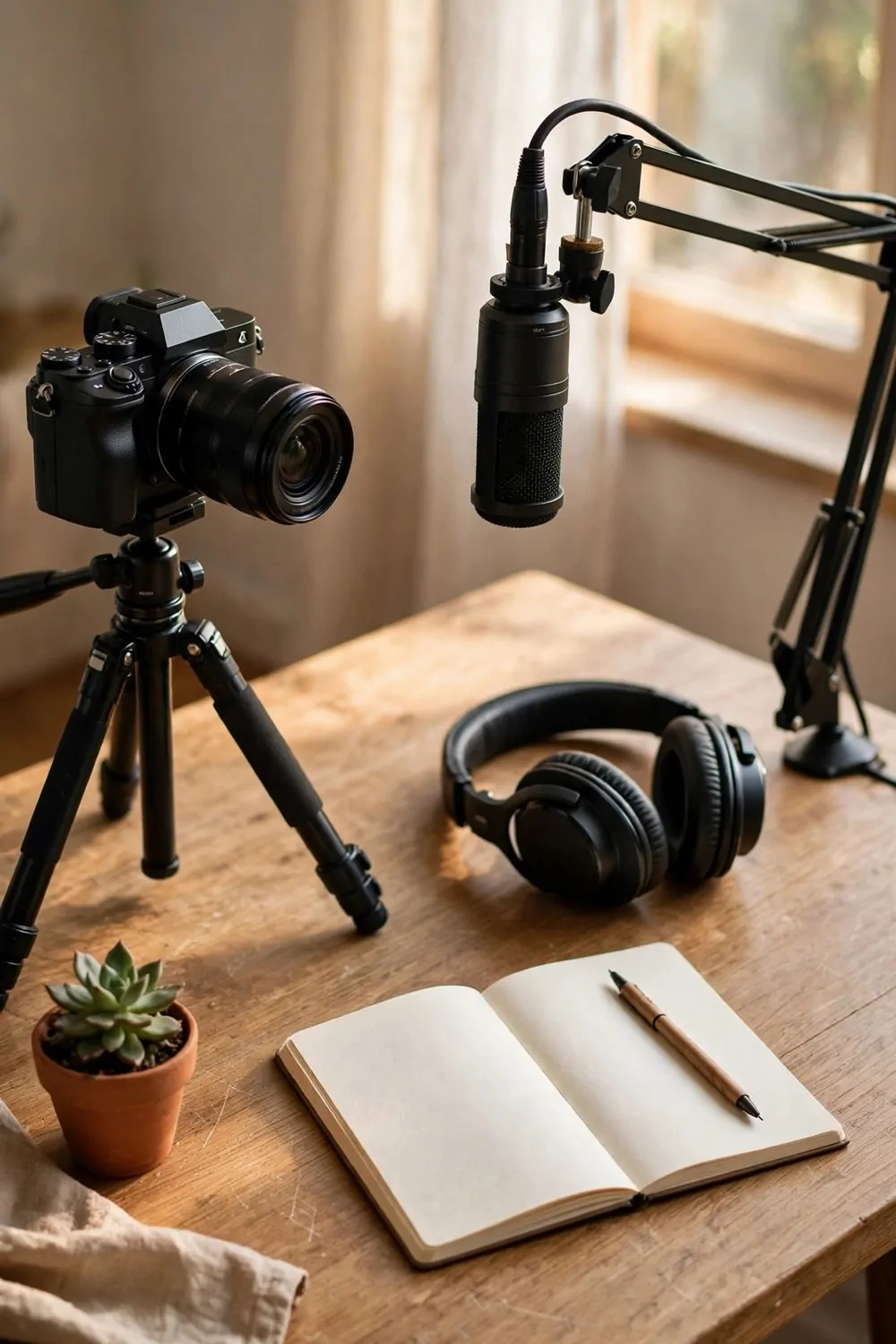 21 Content Creator Setup Hacks for Better Lighting and Sound 18 A camera on a tripod, a microphone on a boom arm, headphones and an open blank notebook on a desk