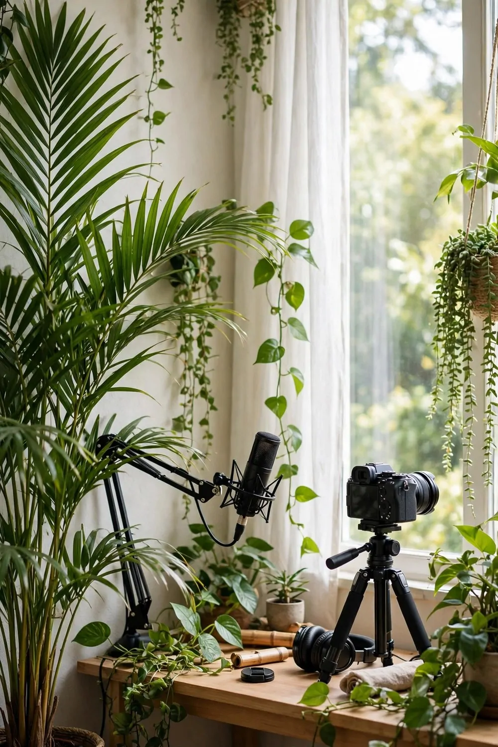 21 Content Creator Setup Hacks for Better Lighting and Sound 19 A large leafy palm and trailing plants around a desk with a microphone and camera near a window