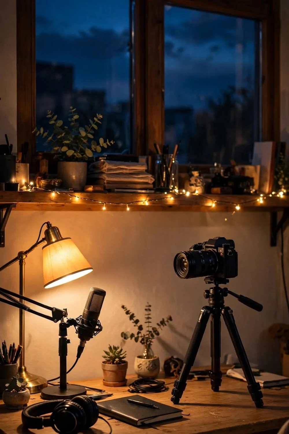 21 Content Creator Setup Hacks for Better Lighting and Sound 20 A desk glowing in warm lamplight with string lights and a dark blue evening sky outside the window