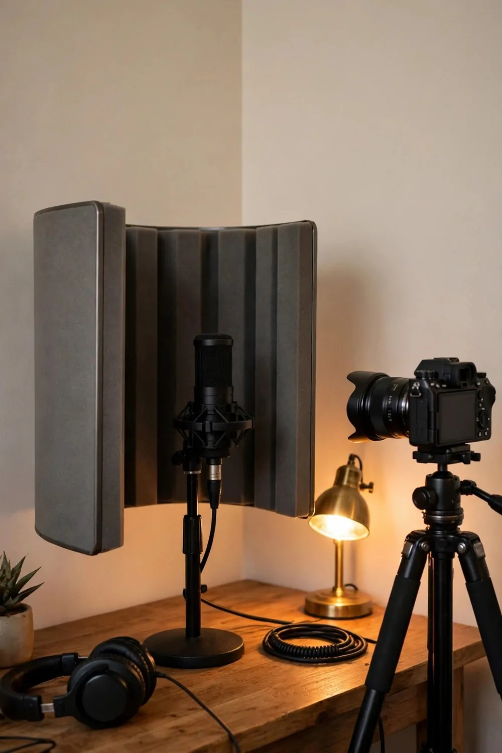 21 Content Creator Setup Hacks for Better Lighting and Sound 21 A curved acoustic reflection shield behind a microphone on a desk with a camera on a tripod