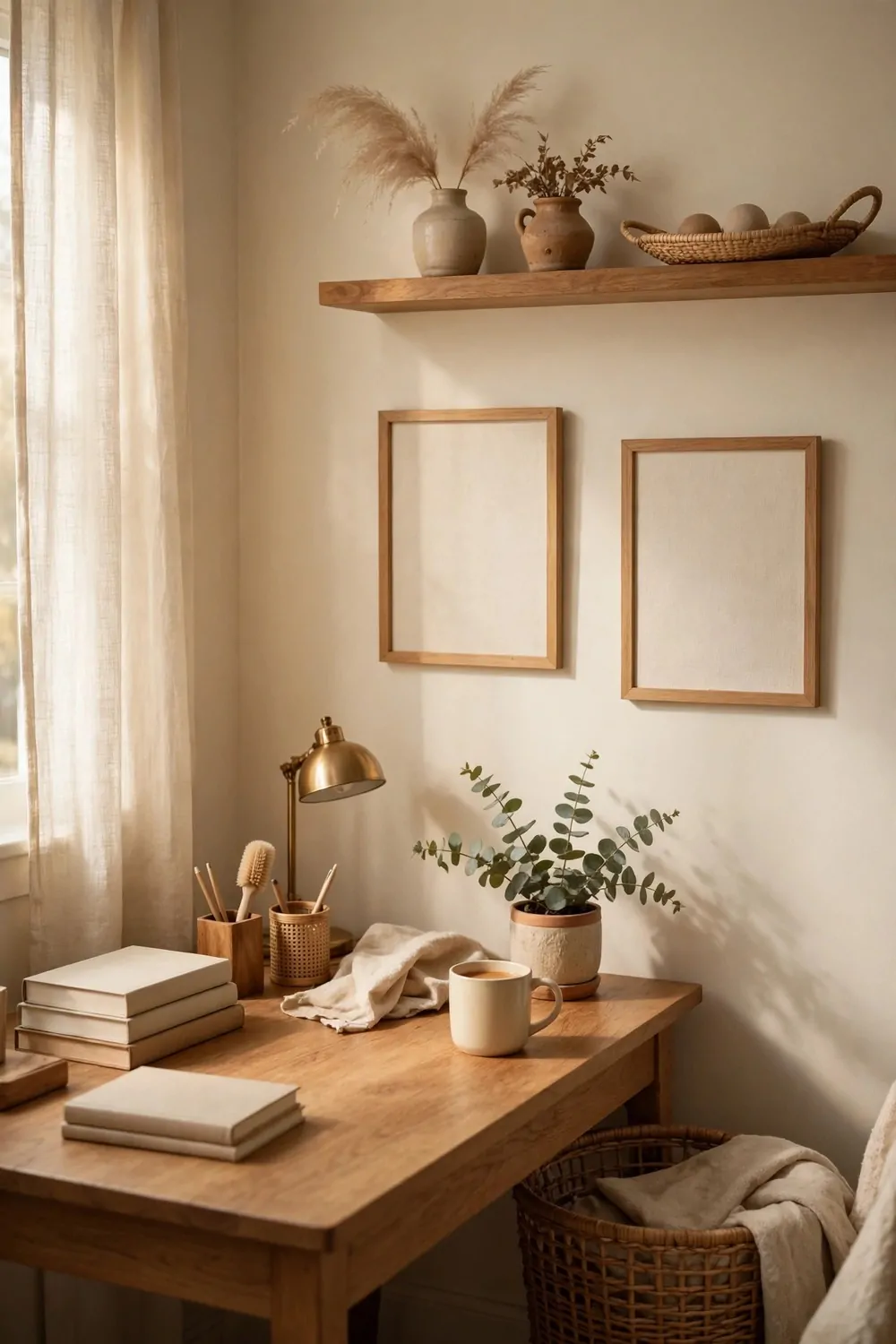 21 Cozy Office Aesthetic Looks You'll Want to Save 1 Cream painted walls with a warm wooden desk in a cozy home office, soft morning light