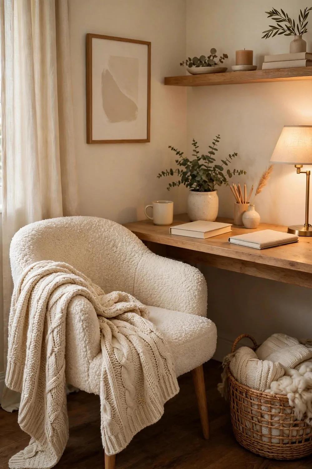 21 Cozy Office Aesthetic Looks You'll Want to Save 2 A soft cream bouclé chair in a cozy home office corner, warm light, knitted throw