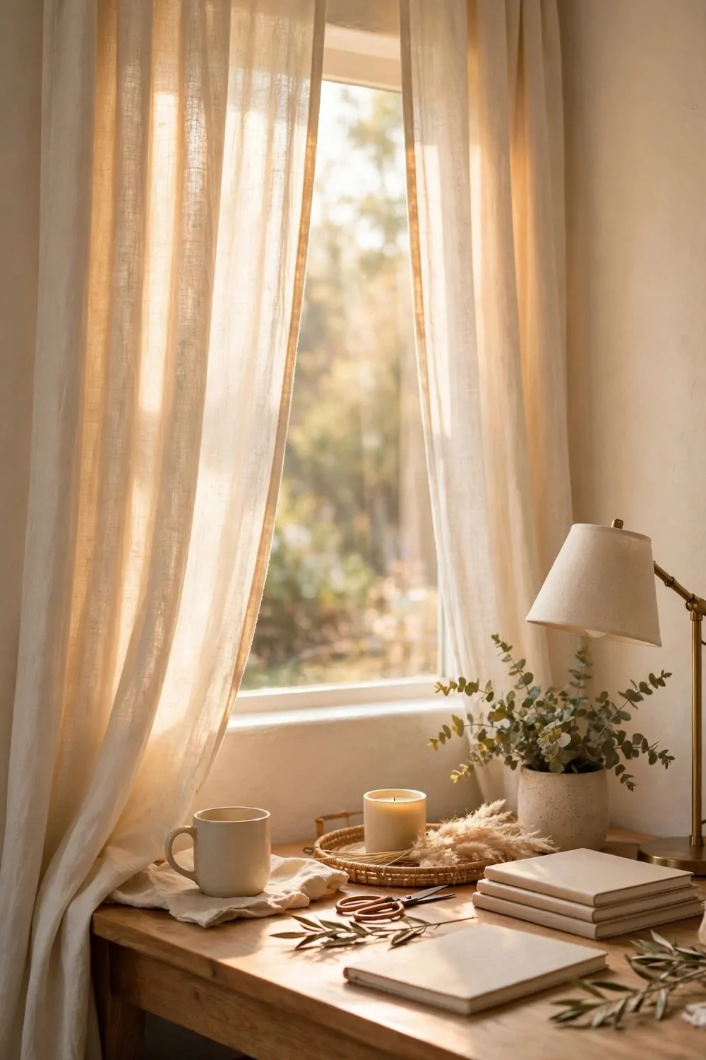 21 Cozy Office Aesthetic Looks You'll Want to Save 3 Soft linen curtains letting warm light into a cozy home office, wooden desk