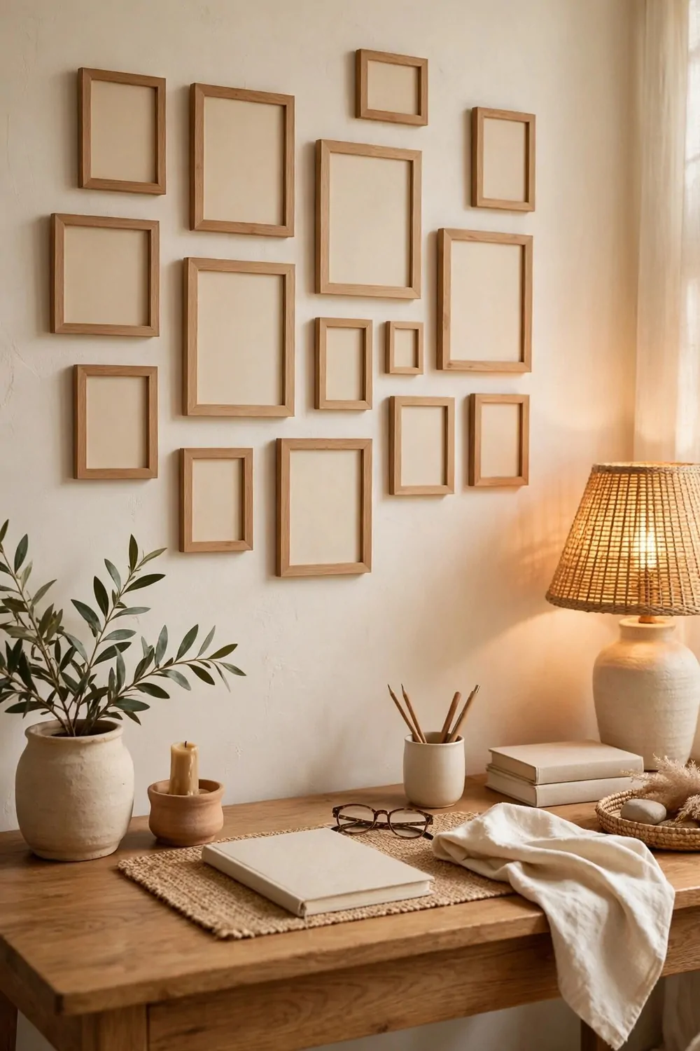 21 Cozy Office Aesthetic Looks You'll Want to Save 4 A gallery wall of small empty frames above a wooden desk in a cozy home office, warm light