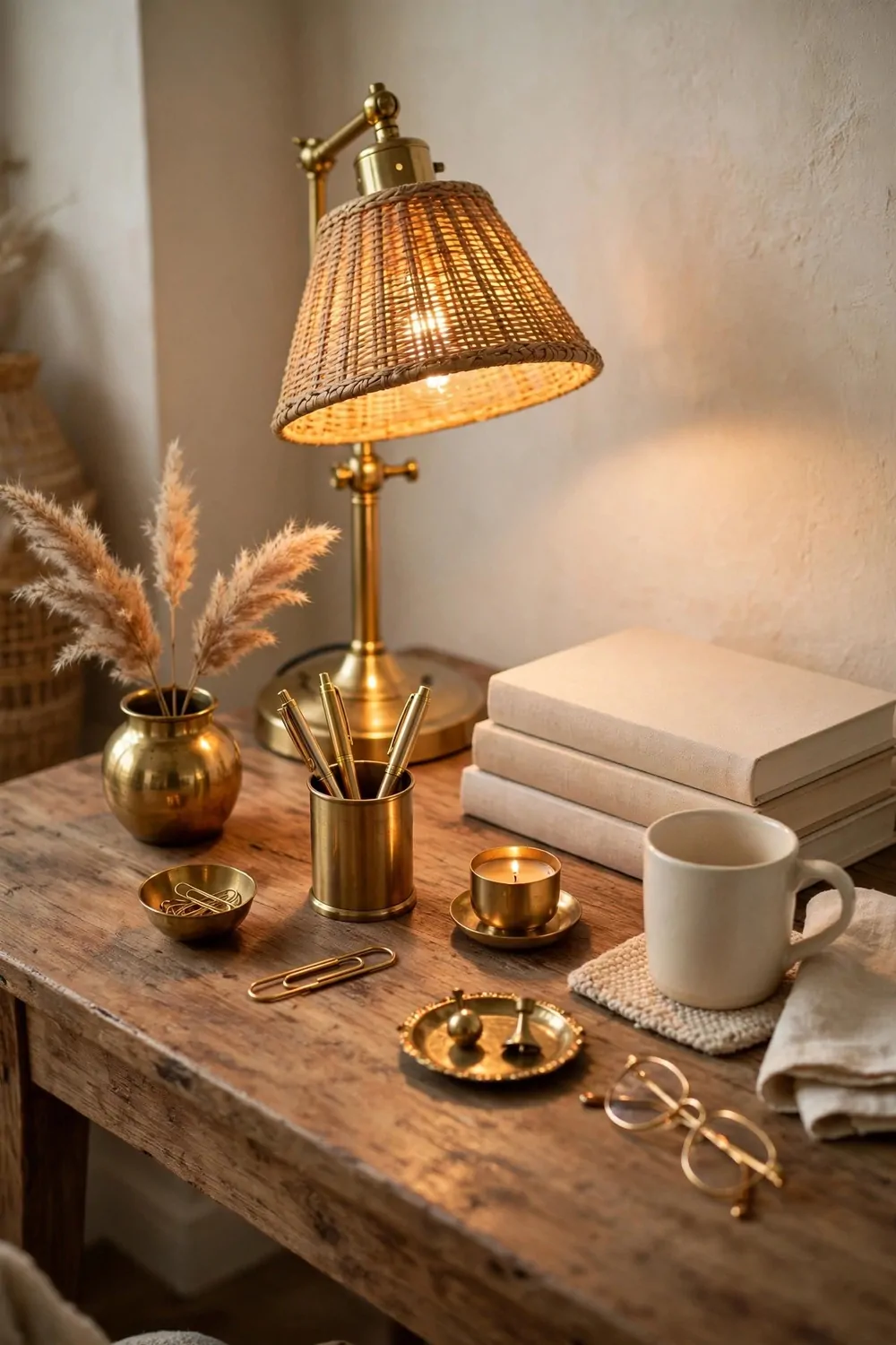 21 Cozy Office Aesthetic Looks You'll Want to Save 5 Small brass and gold touches on a wooden desk in a cozy home office, warm lamp glow