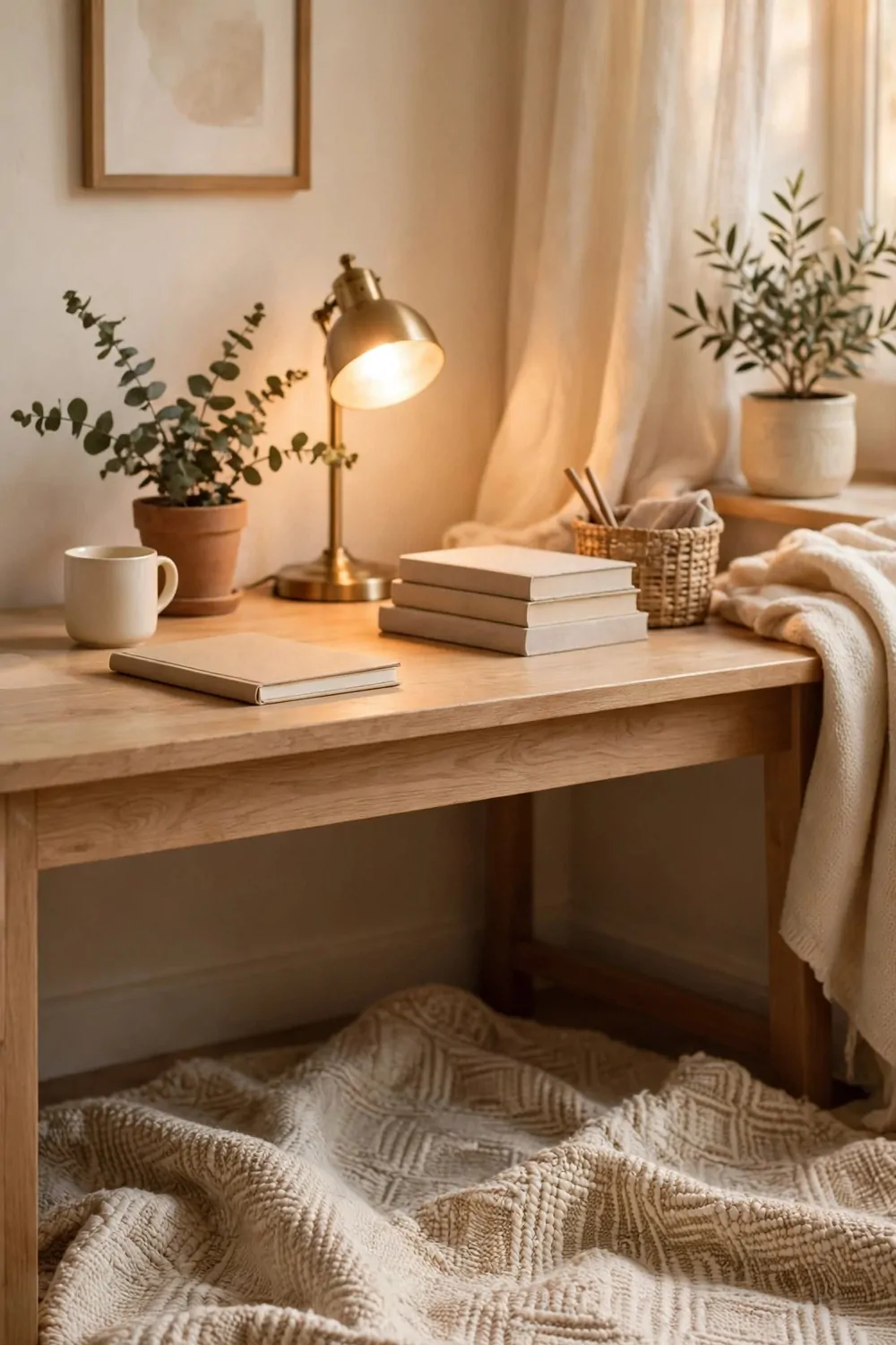 21 Cozy Office Aesthetic Looks You'll Want to Save 6 A woven rug with a soft pattern under a wooden desk in a cozy home office, warm light