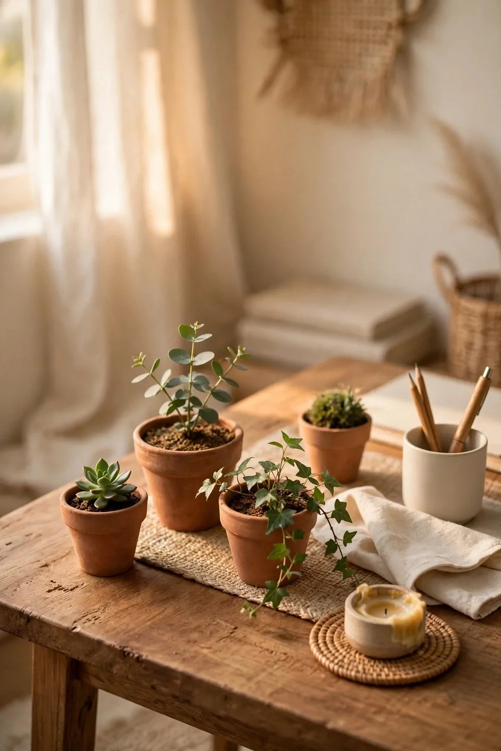 21 Cozy Office Aesthetic Looks You'll Want to Save 7 Small green plants in clay pots on a wooden desk in a cozy home office, warm light