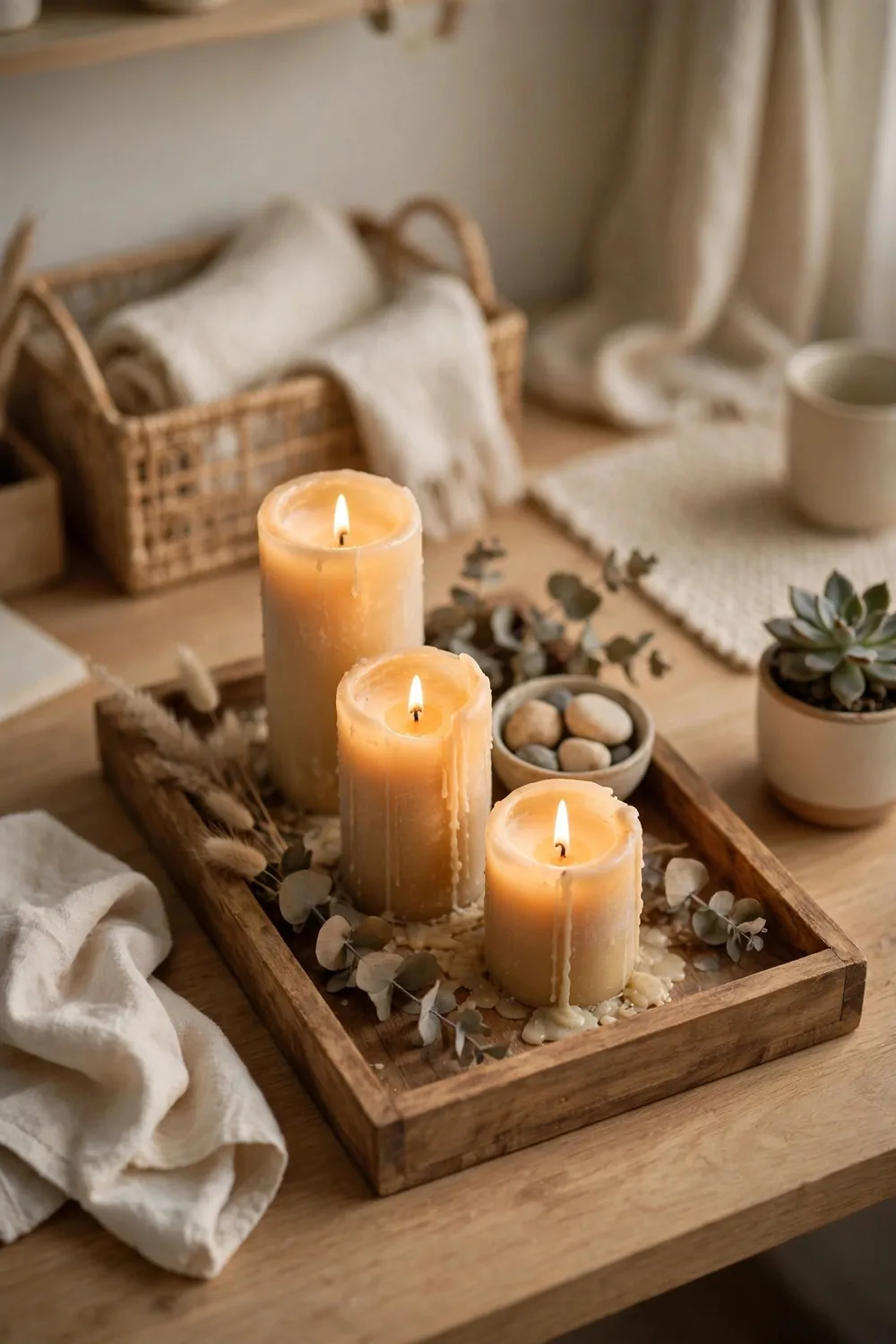 21 Cozy Office Aesthetic Looks You'll Want to Save 8 A wooden tray with candles on a desk in a cozy home office, warm glow, soft light