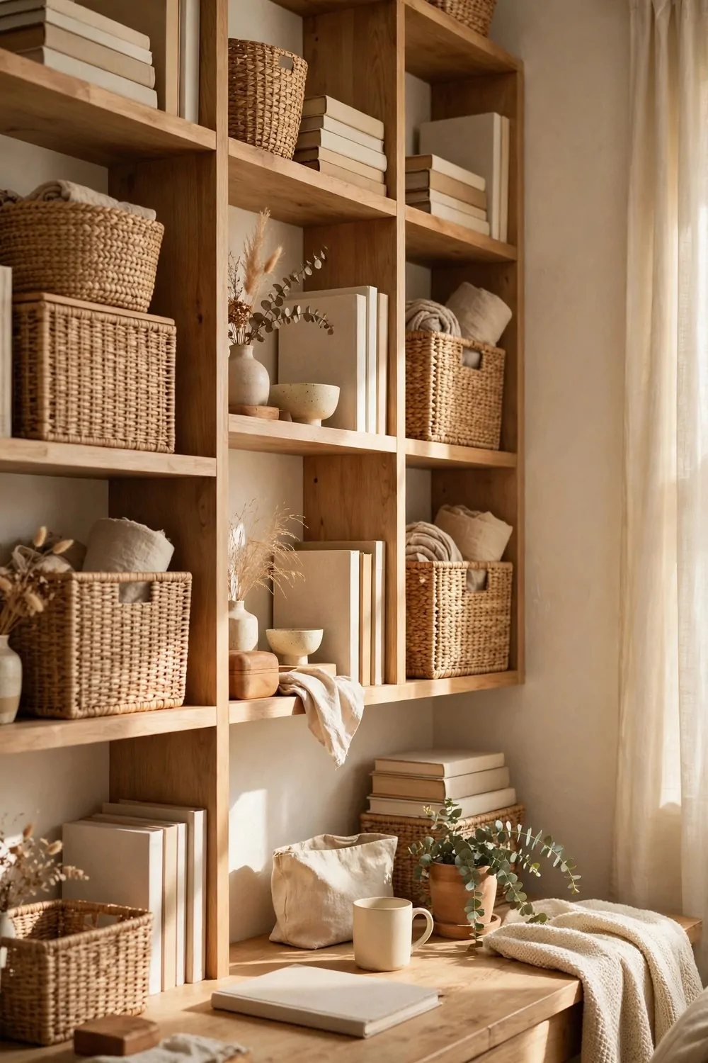 21 Cozy Office Aesthetic Looks You'll Want to Save 9 Open wooden shelves with books and woven baskets in a cozy home office, warm light