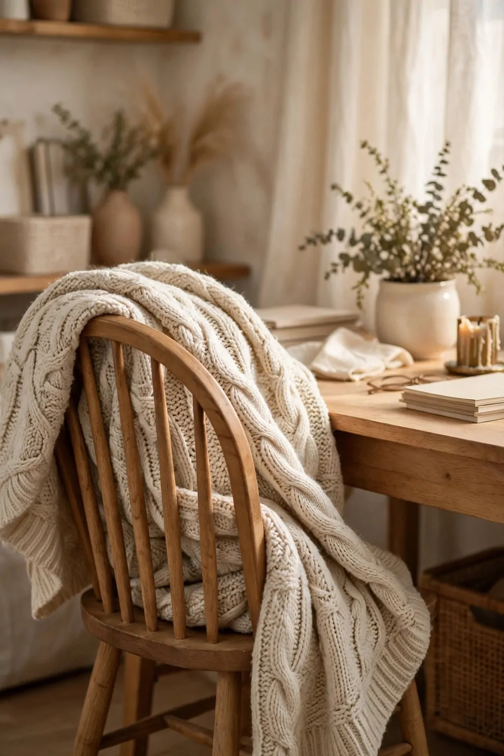 21 Cozy Office Aesthetic Looks You'll Want to Save 10 A knitted throw blanket draped over a chair back in a cozy home office, warm light