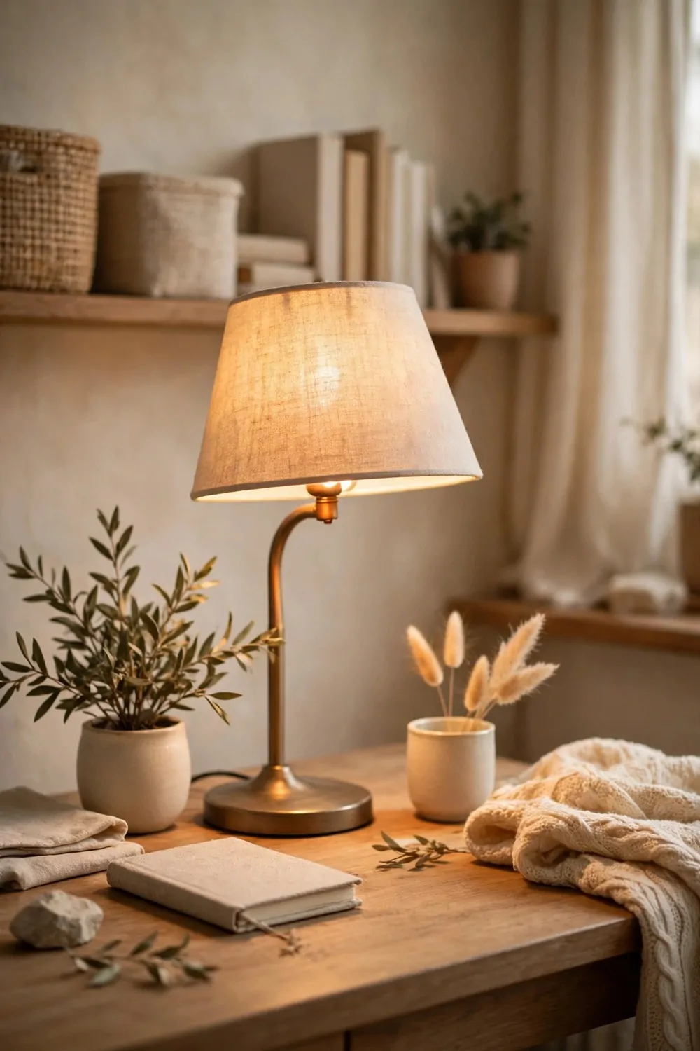 21 Cozy Office Aesthetic Looks You'll Want to Save 11 A desk lamp with a linen shade glowing warm in a cozy home office, soft light