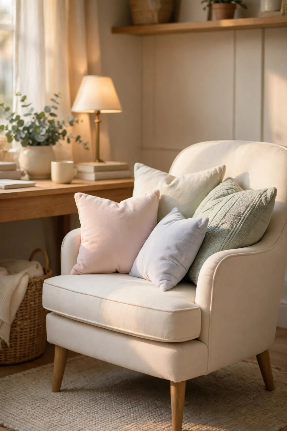 21 Cozy Office Aesthetic Looks You'll Want to Save 12 Soft pastel cushions on a neutral cream chair in a cozy home office, warm light