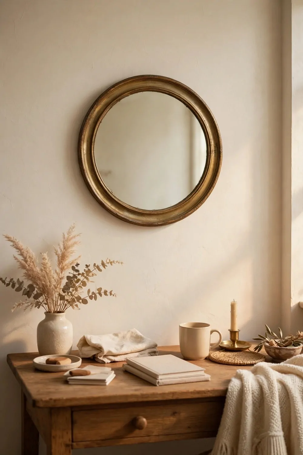 21 Cozy Office Aesthetic Looks You'll Want to Save 13 A vintage round mirror on a cream wall above a wooden desk in a cozy home office, warm light