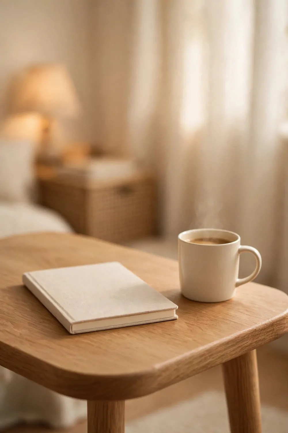 21 Cozy Office Aesthetic Looks You'll Want to Save 14 A wooden desk with rounded corners in a cozy home office, notebook and mug, warm light