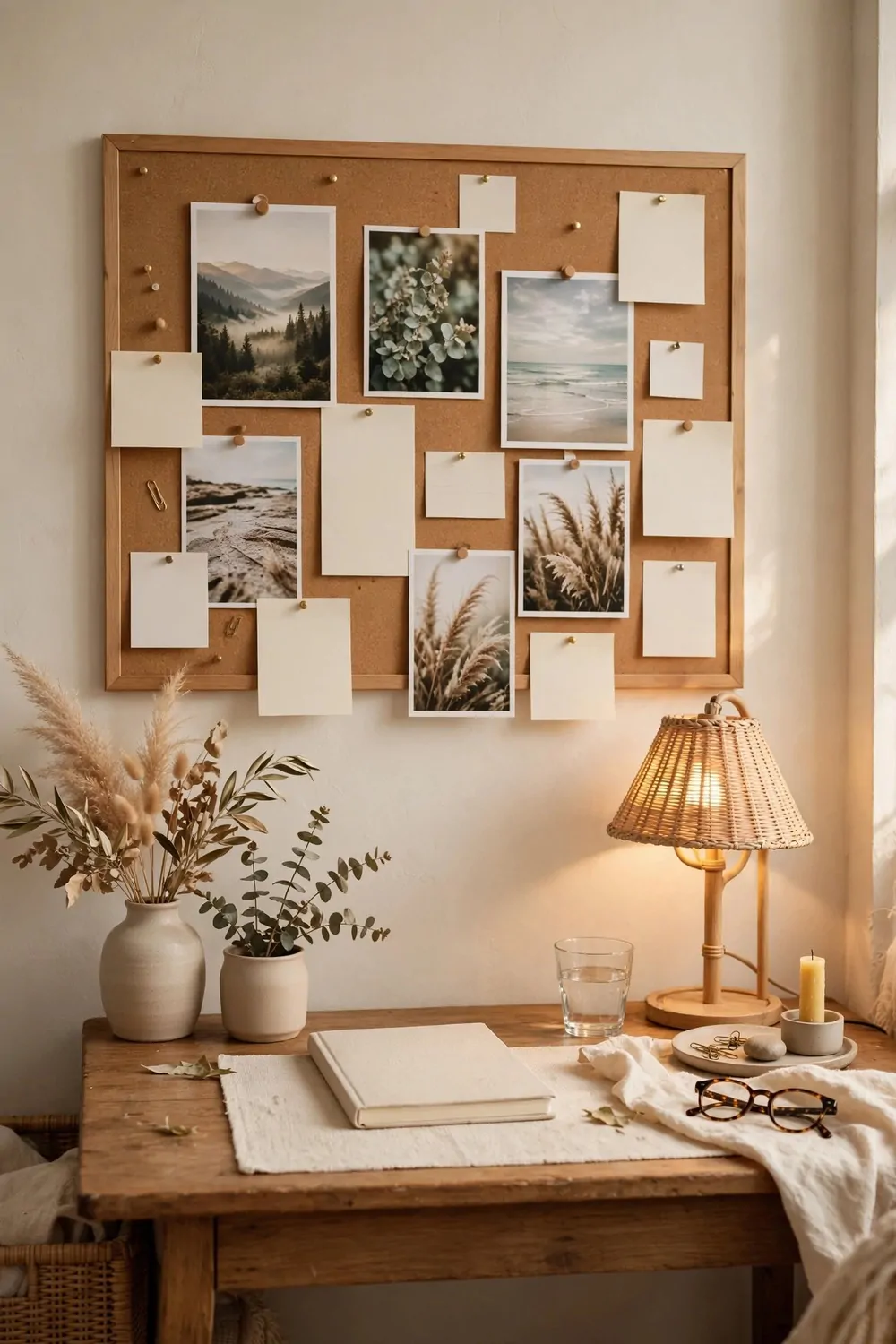 21 Cozy Office Aesthetic Looks You'll Want to Save 15 A pin board with photos and notes above a wooden desk in a cozy home office, warm light