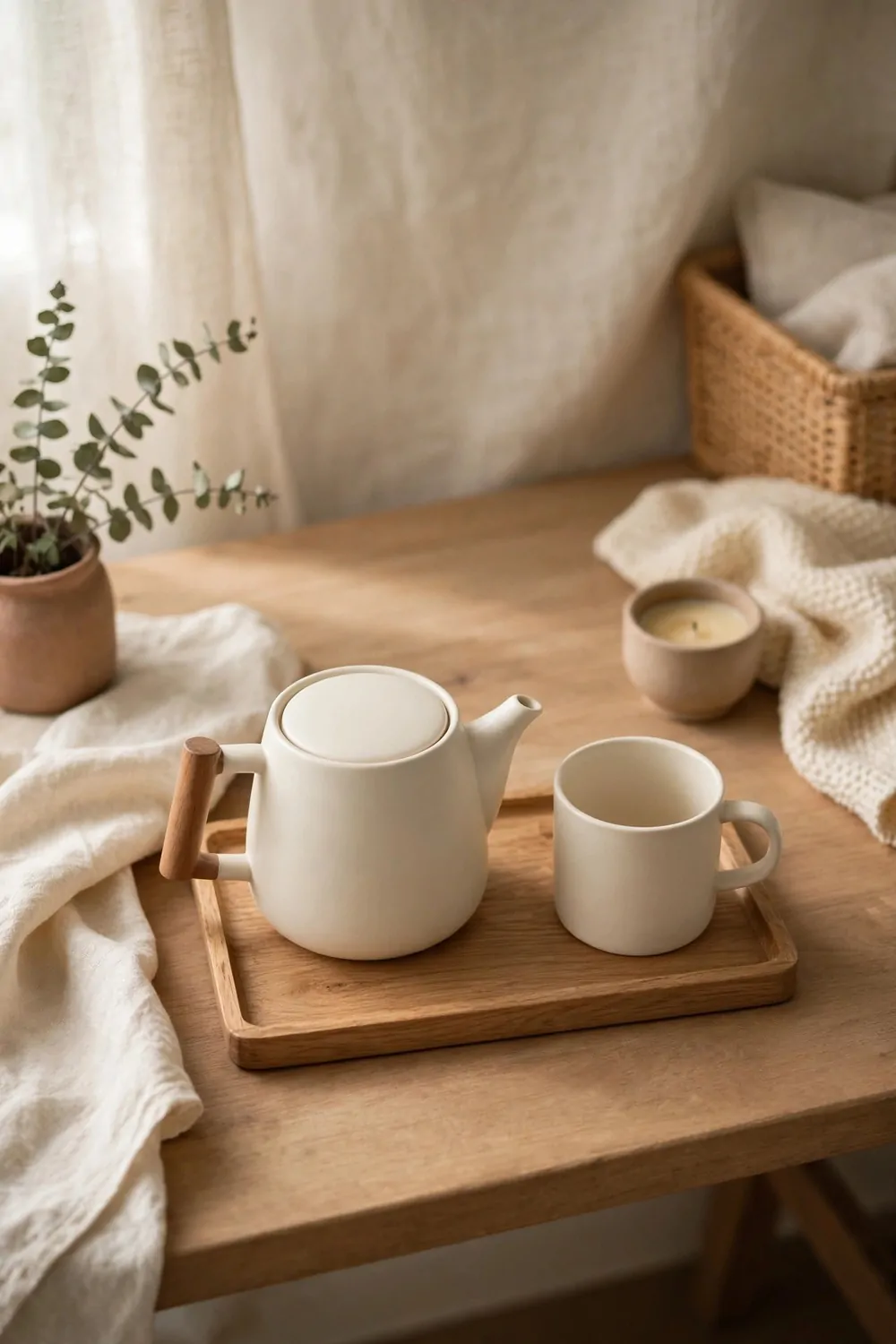 21 Cozy Office Aesthetic Looks You'll Want to Save 16 A small wooden tray with a teapot and mug on a desk in a cozy home office, soft light