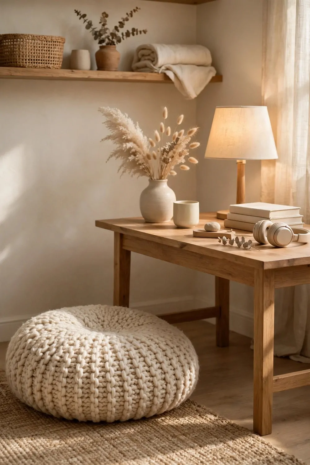 21 Cozy Office Aesthetic Looks You'll Want to Save 17 A soft floor cushion beside a desk in a cozy home office, warm light