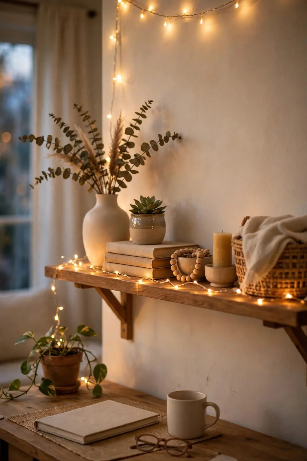 21 Cozy Office Aesthetic Looks You'll Want to Save 18 Warm fairy lights along a wooden shelf in a cozy home office, soft evening glow
