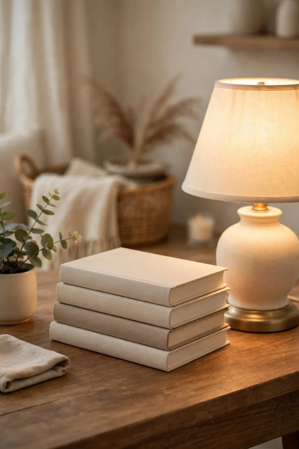21 Cozy Office Aesthetic Looks You'll Want to Save 19 A stack of soft-covered books beside a glowing lamp on a wooden desk in a cozy home office