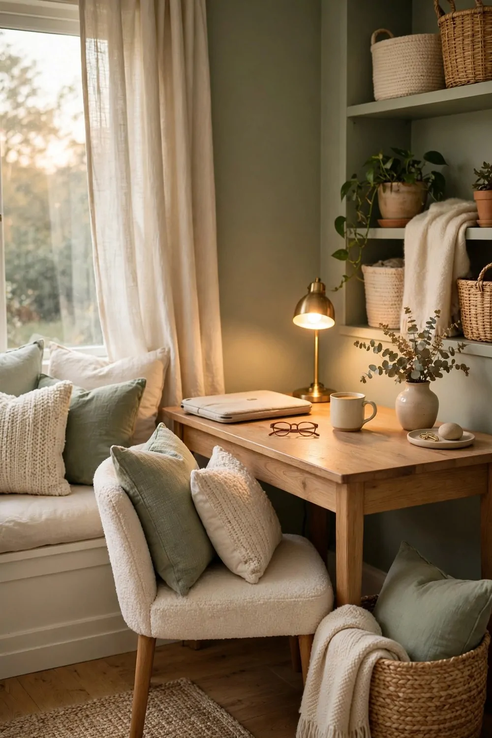 21 Cozy Office Aesthetic Looks You'll Want to Save 20 A cream and sage green cozy home office, soft cushions, wooden desk, warm light