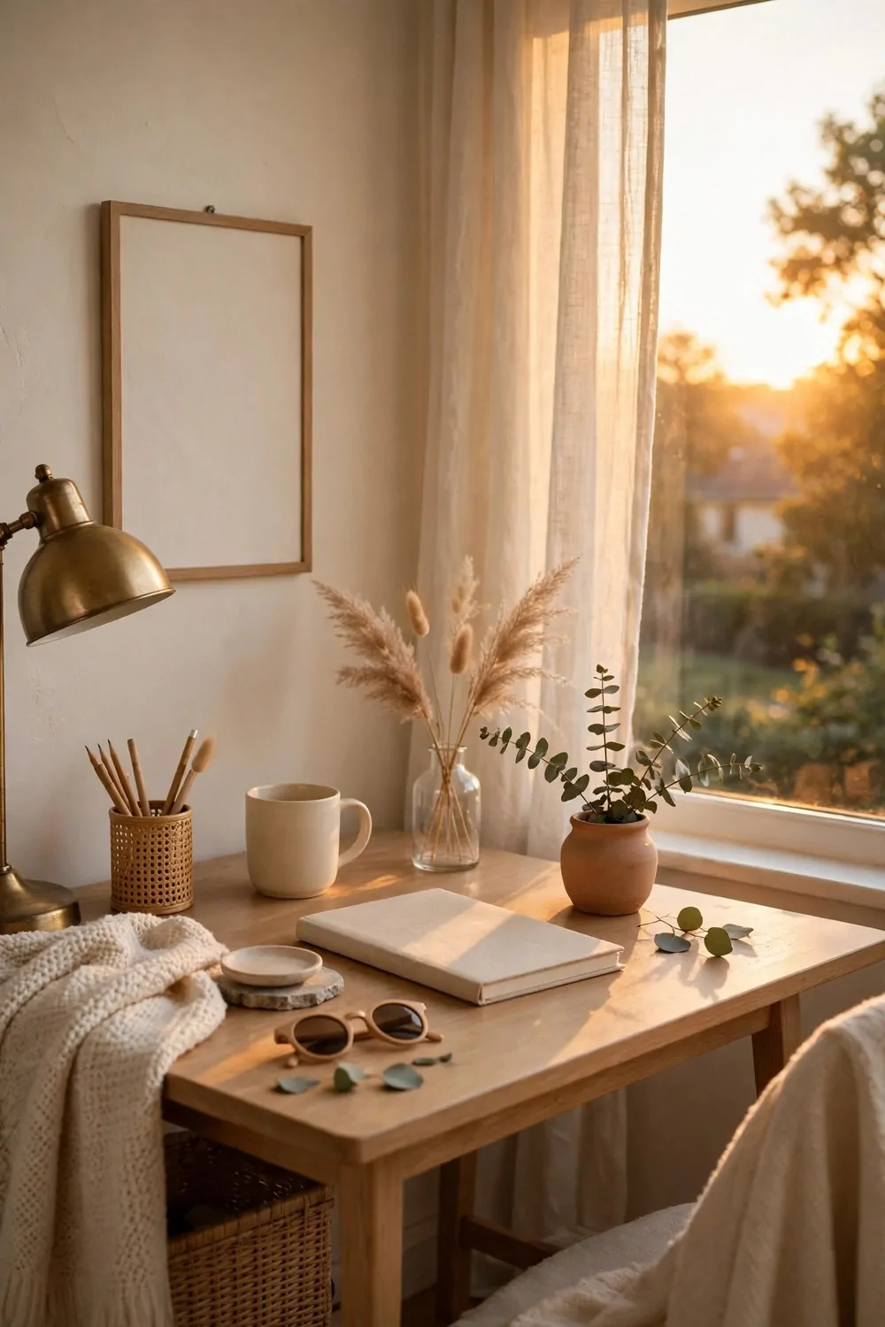 21 Cozy Office Aesthetic Looks You'll Want to Save 21 A cozy home office desk at golden hour, warm sunset light through the window, calm