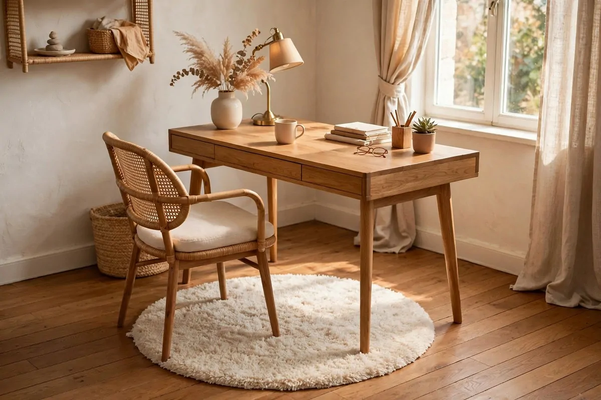 Office desk and chair on a small round plush cream rug over a wooden floor